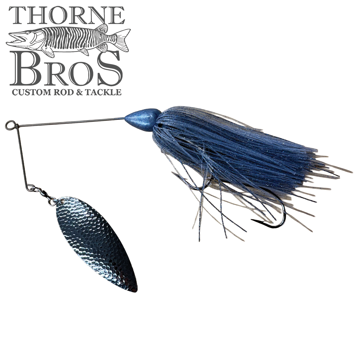 CJ'S Large Silicone (Willow Blade) fishing lure with a blue silicone skirt and hammered metal willow blade spinner, designed for musky fishing.