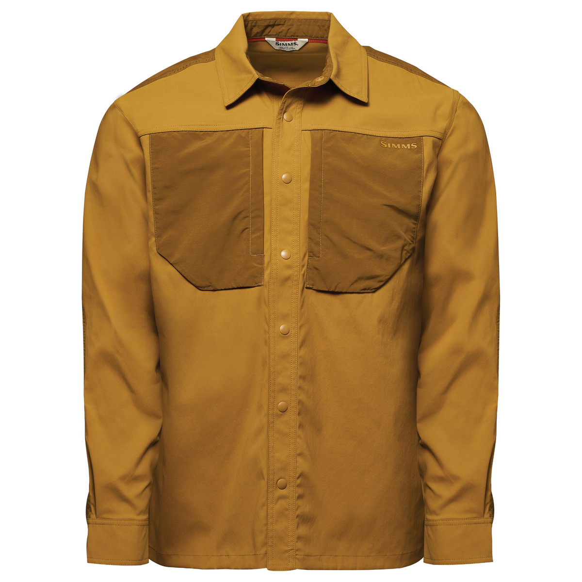 Simms Confluence Shirt - Men's (New 2027) mustard long sleeve fishing shirt with snap front and two large chest pockets for outdoor angling