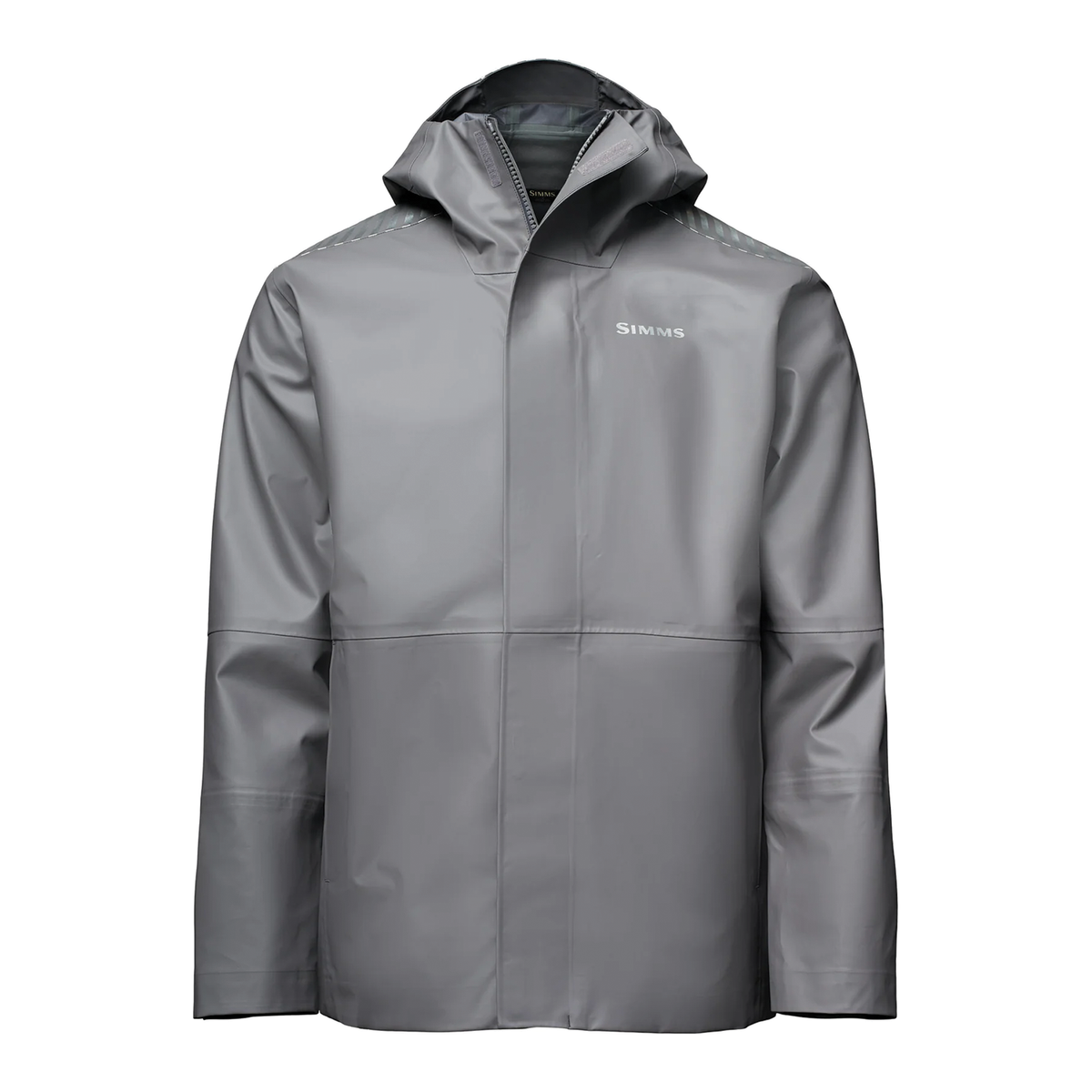 Gray hooded men's rain jacket with full front closure and long sleeves shown against a white background. Simms Rip Line Pro Jacket - Men's