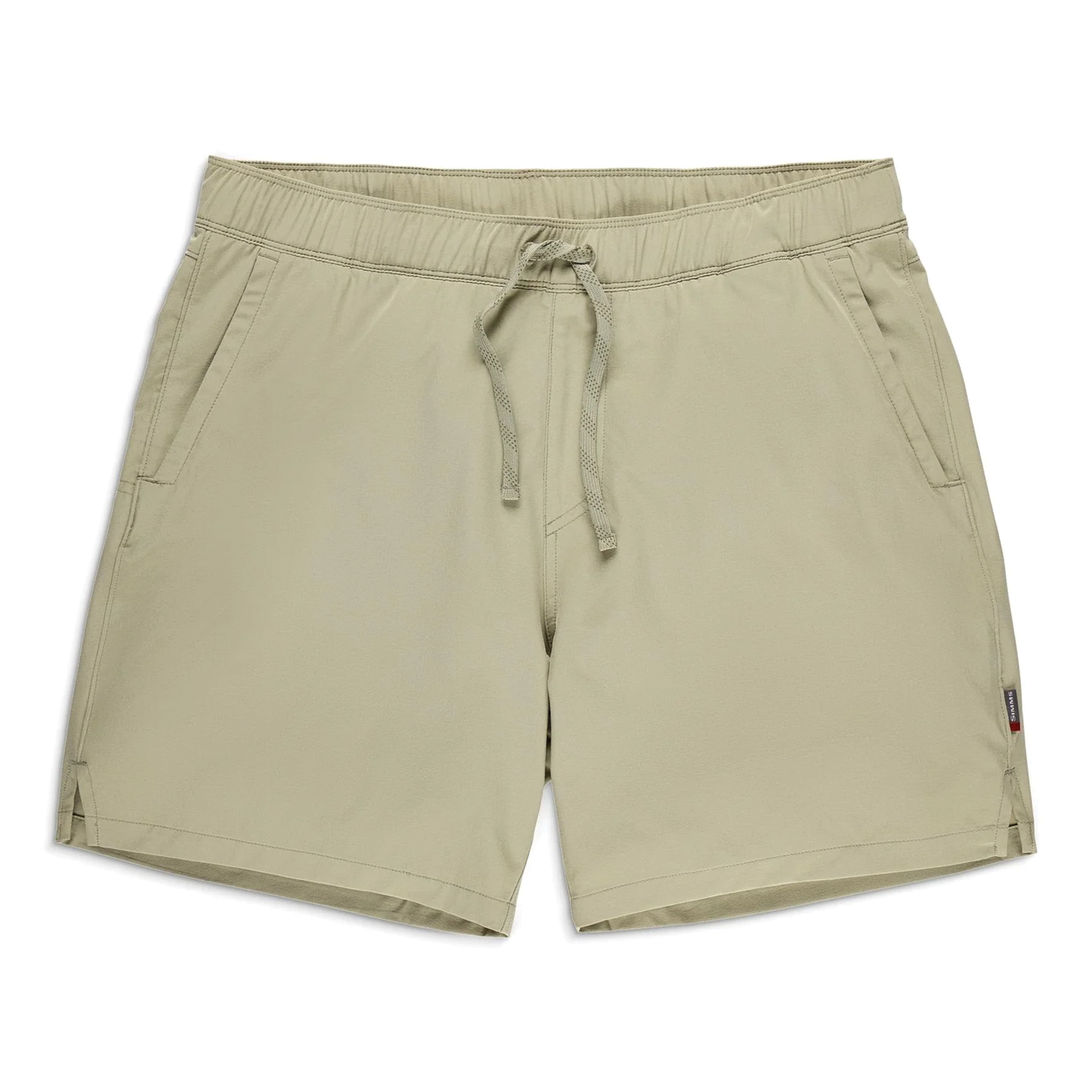 Simms Wanaka Water Short - Men's in tan color, featuring an elastic waistband with drawstring, side pockets, and a lightweight, quick-dry fabric designed for fishing and outdoor activities.