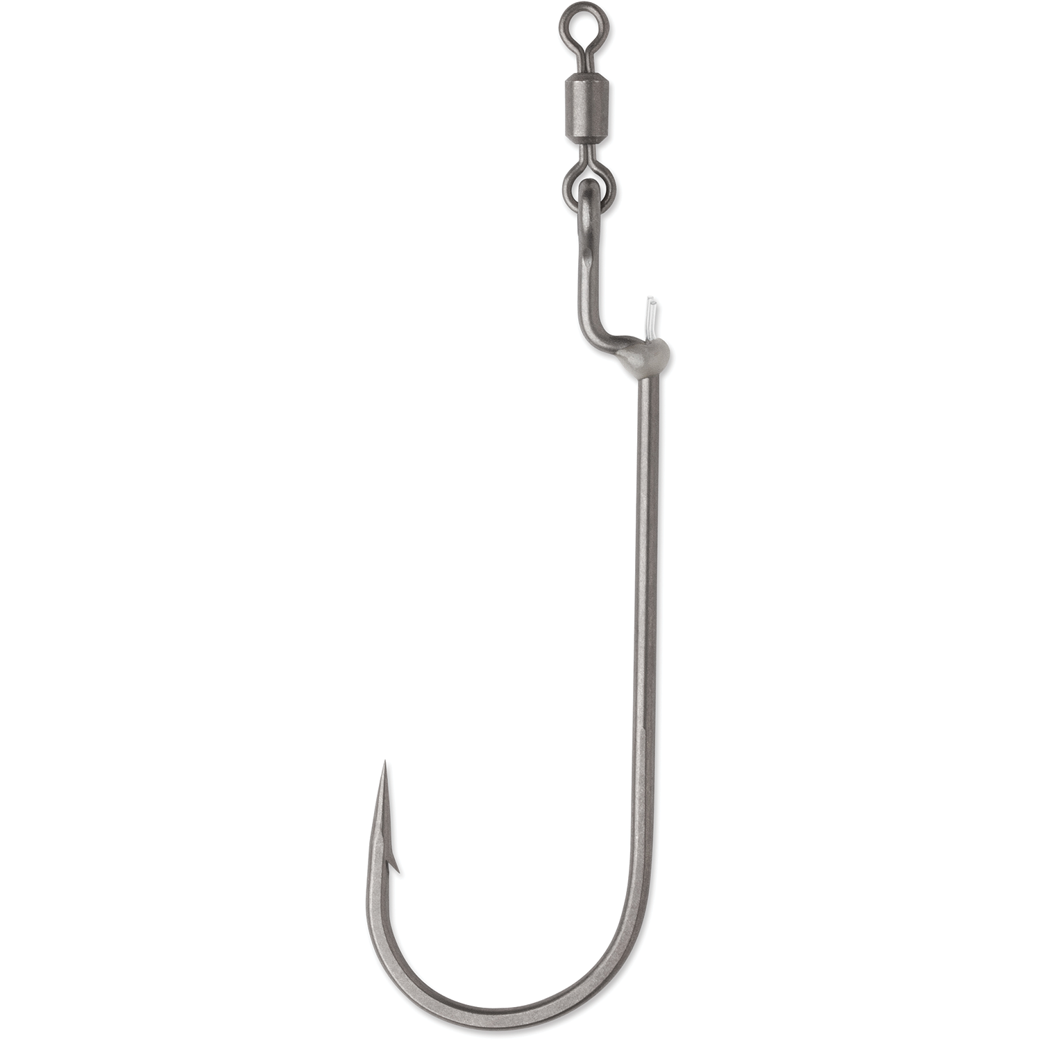 Single metal fishing hook with swivel attached, featuring a sharp curved point and a secure barb, designed for use with the VMC RedLine Series Swivel Fluke Hooks fishing tackle.