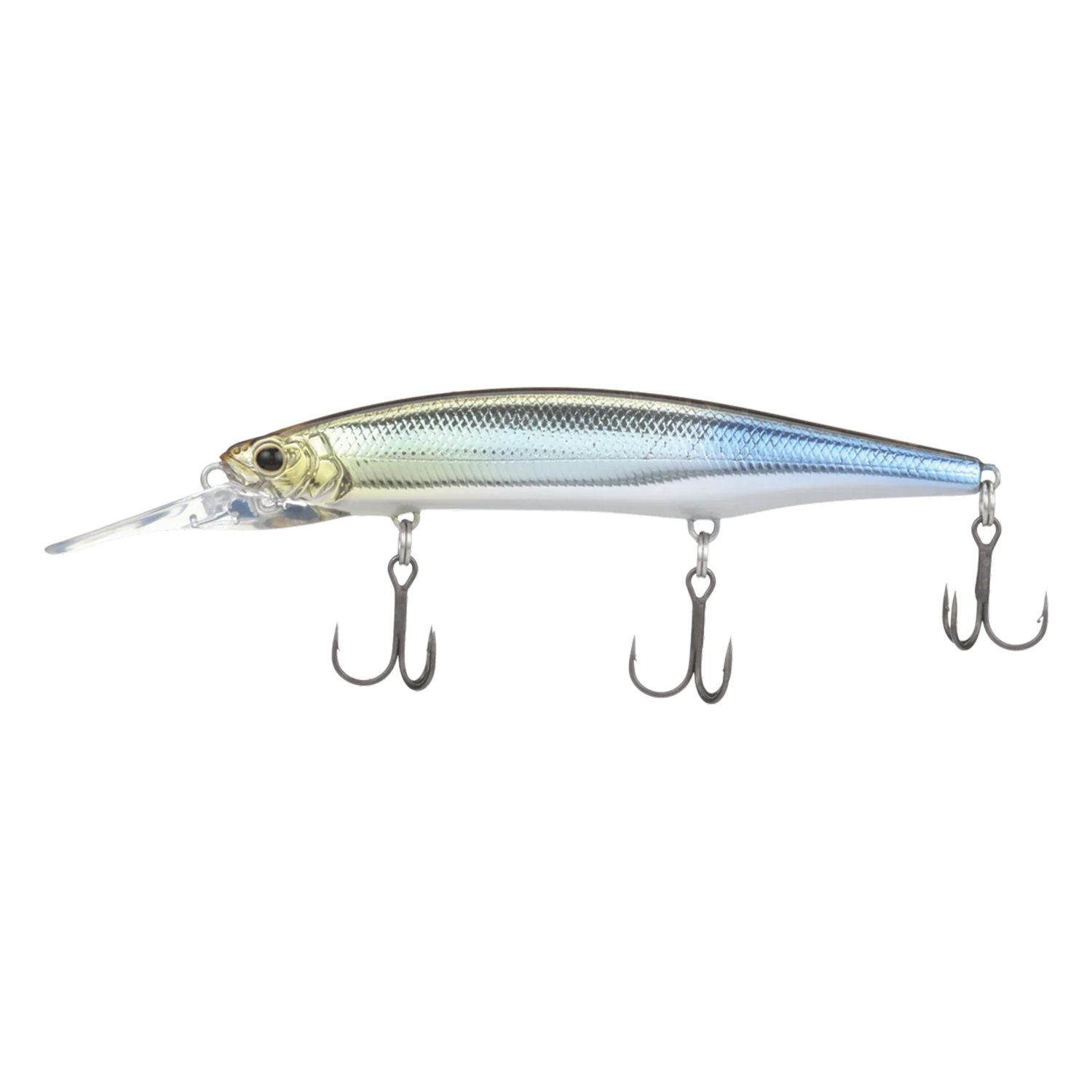 Shimano Zumverno SP - Flash Boost fishing lure with a sleek, metallic blue and silver body, detailed fish scales, and three sharp treble hooks for effective fishing tackle use.