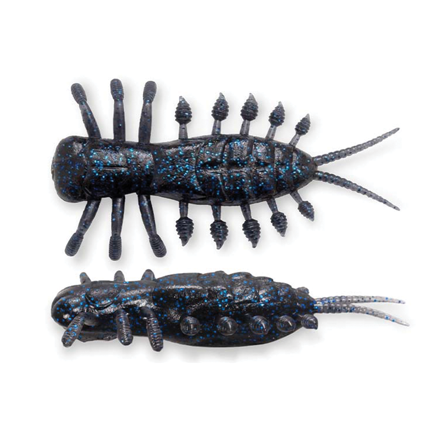 Two black fishing lures with blue speckles, designed with multiple textured appendages and segmented bodies, for use as Megabass Yagot fishing tackle.