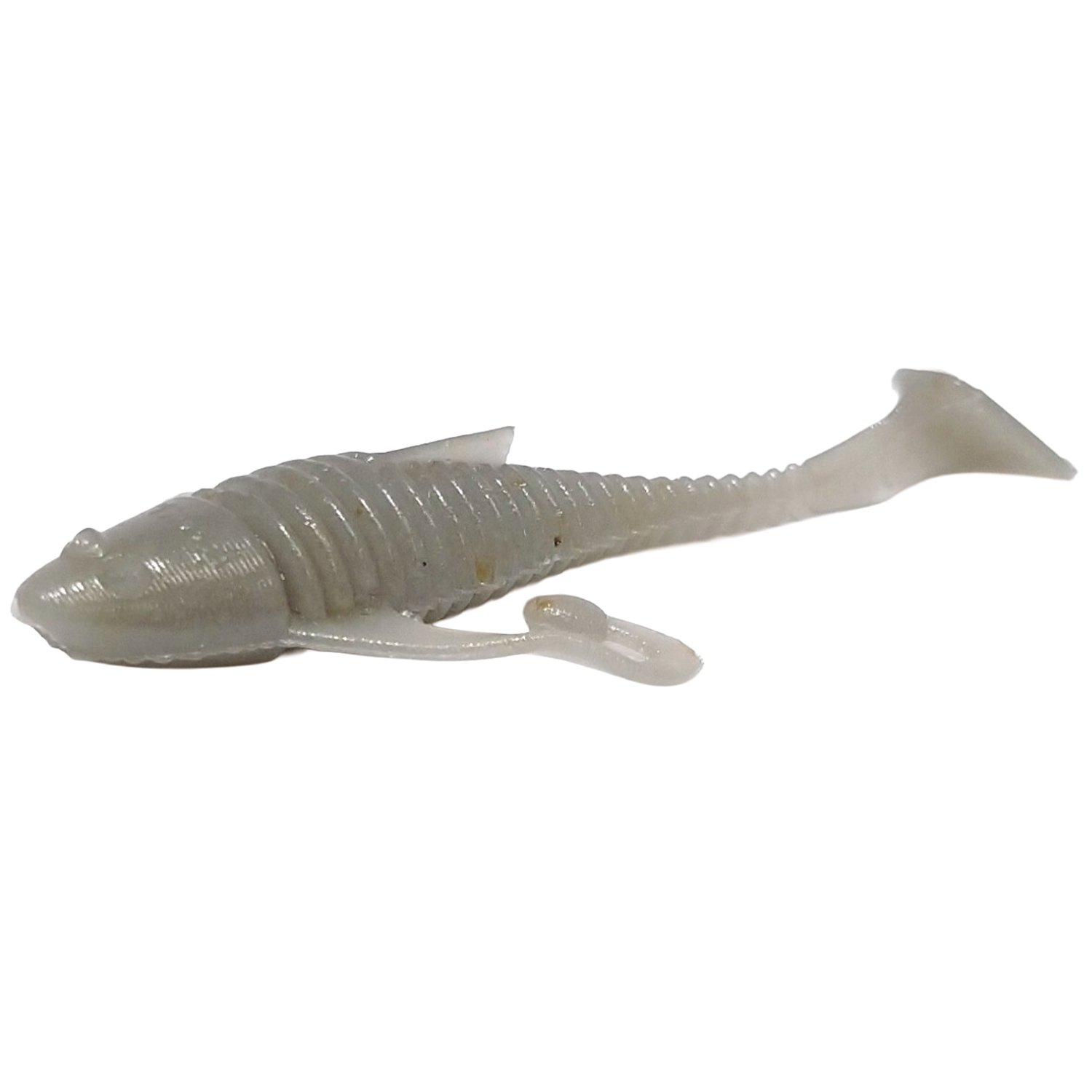 Soft plastic fishing lure in pearly white color with ribbed body and paddle tail, designed for freshwater fishing, labeled HMKL Alive Fat Coby (Tournament Pack).