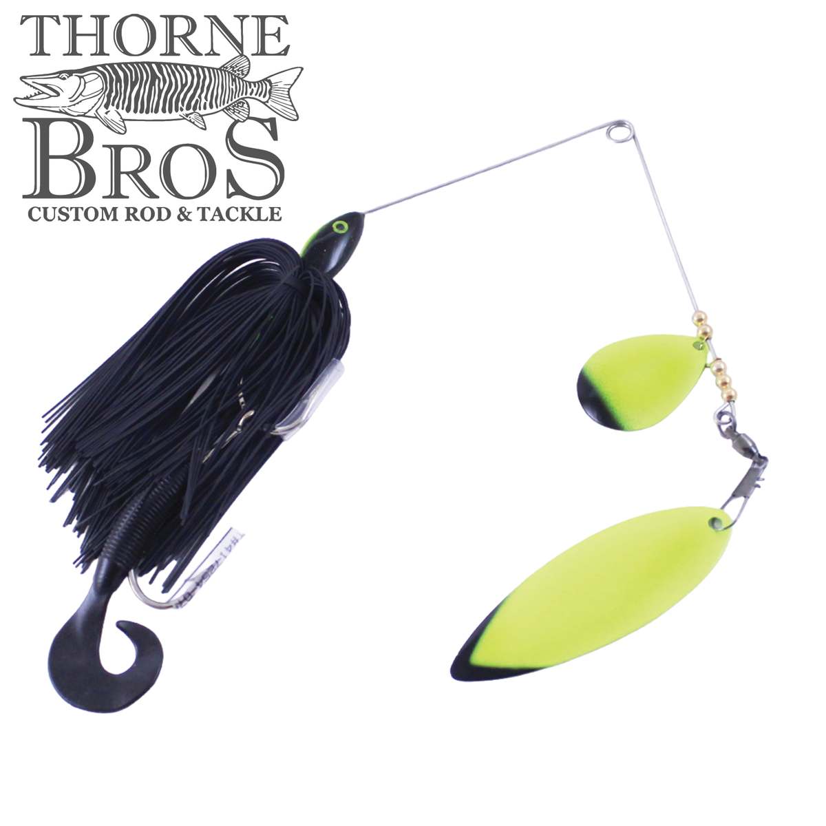 Ace Baits Original Spinnerbait with a black skirt curly tail and dual chartreuse blades for musky fishing tackle from Thorne Bros Custom Rod and Tackle