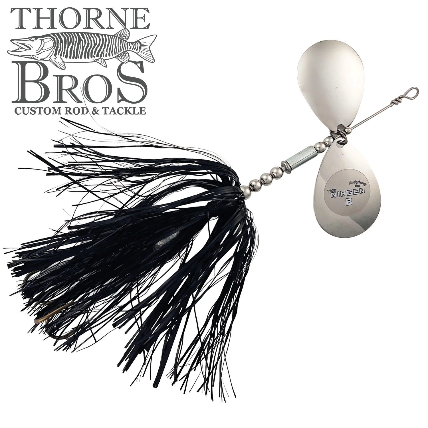 Musky Frenzy The Ringer 8 spinnerbait lure with silver blades and black skirt, designed for musky fishing, shown with Thorne Bros logo in background.