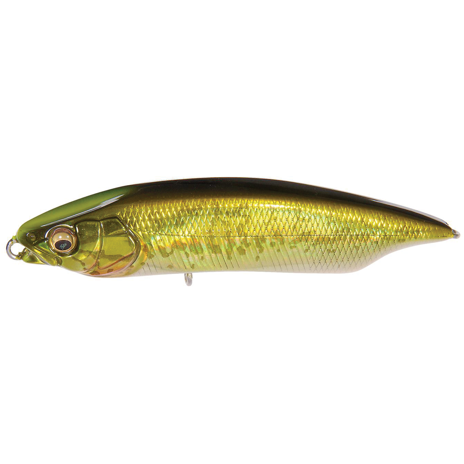 Megabass Karashi 80 fishing lure in metallic green and gold tones with detailed scale patterns and realistic eyes, designed for effective fishing tackle use.