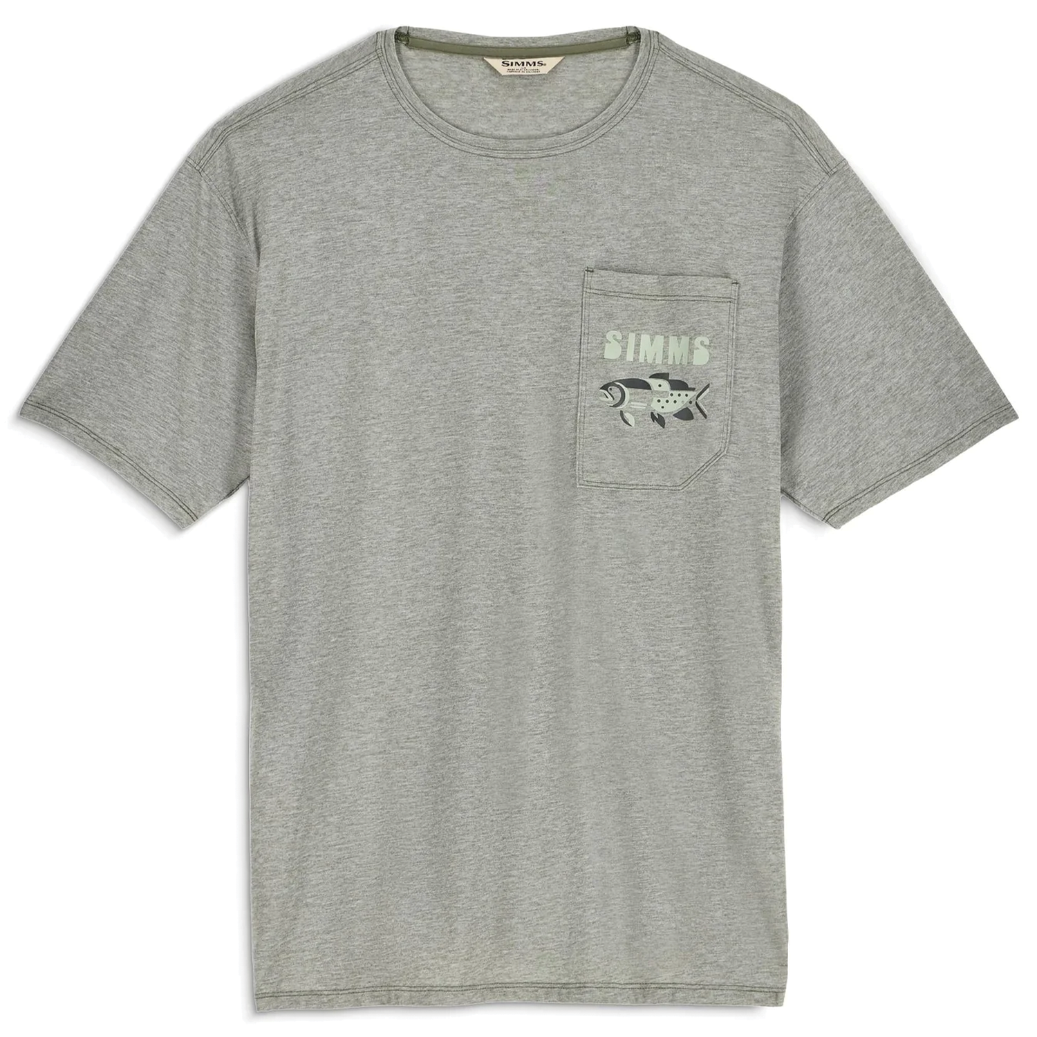 Simms Harbor Lightweight Pocket T-Shirt - Men's in light gray with short sleeves, crew neckline, and chest pocket featuring a fishing lure graphic and Simms branding.