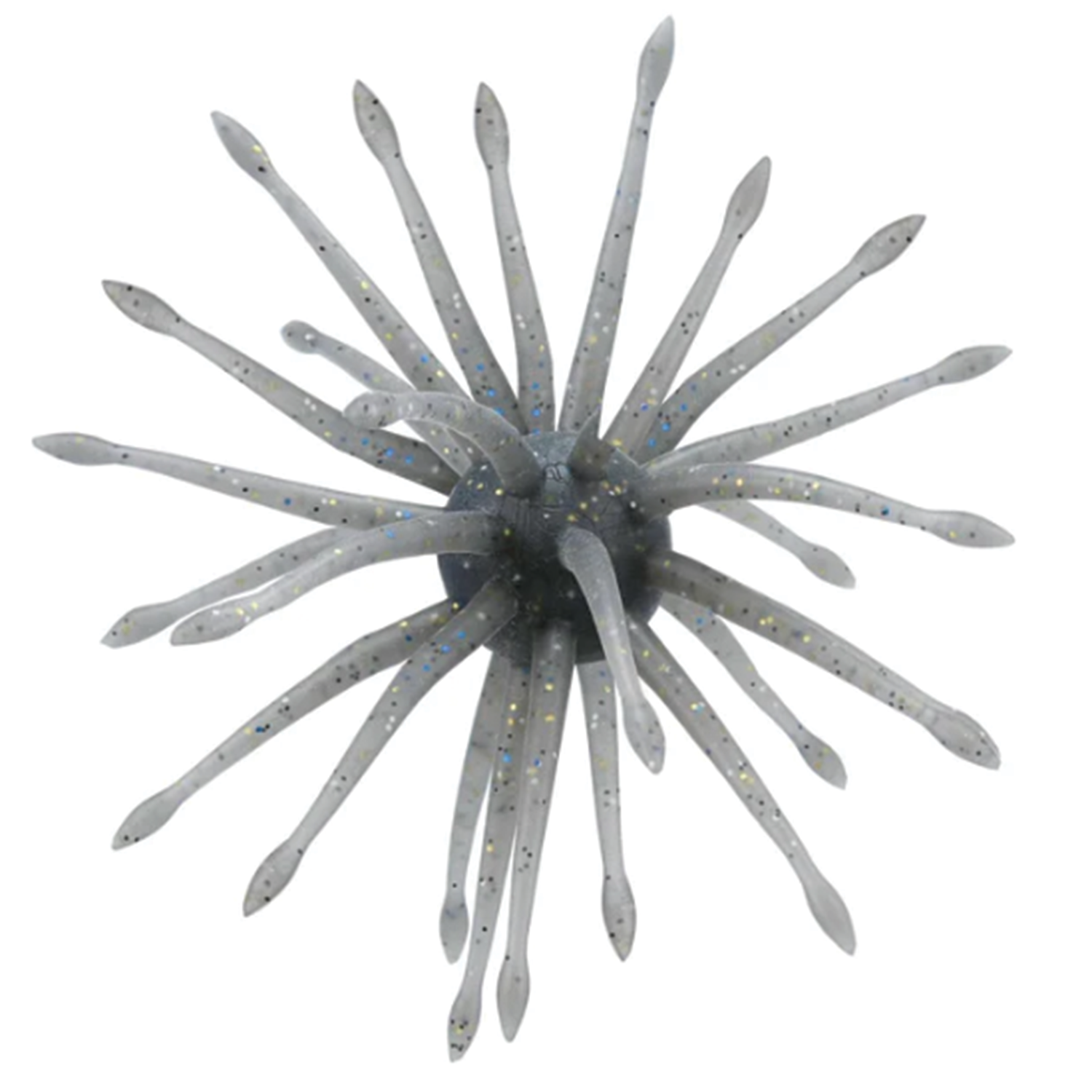 Close-up of the Yamamoto Uni Mas soft fishing lure in translucent gray with blue and gold flecks, featuring multiple flexible appendages designed to attract fish.