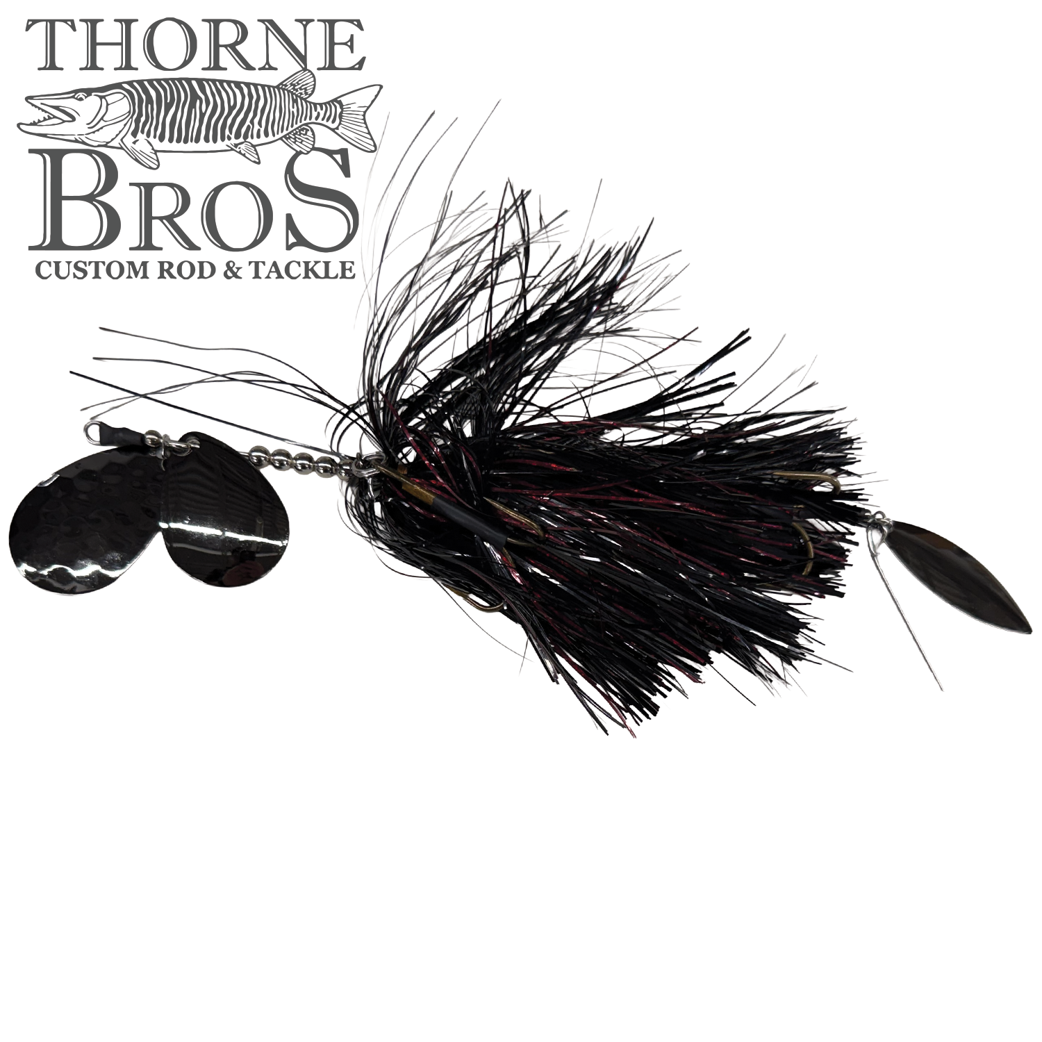 Hunsy Tails 7/8 XL Banger fishing lure with black and dark red skirt, featuring double hammered spinner blades for attracting musky and other species.