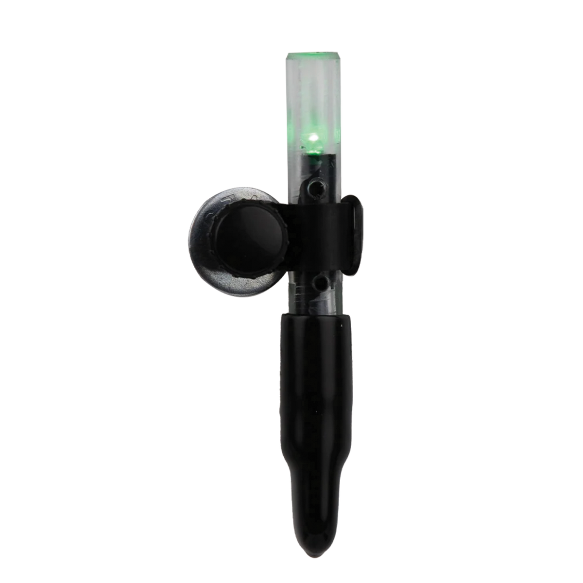 Lumenok Tip-Up Light compact black fishing light with a glowing green indicator and mounting clip for improved visibility on the ice