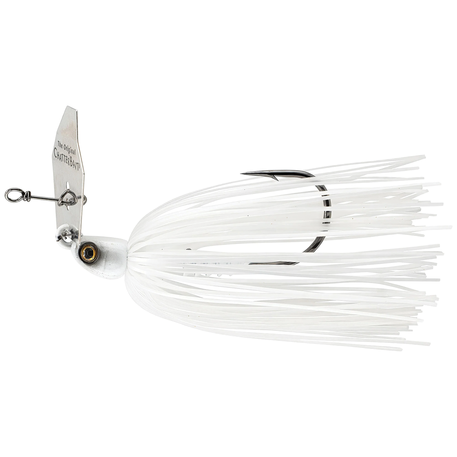 Z-Man Chatterbait PZ2 white fishing lure with metal blade, single hook, and flexible skirt designed for freshwater fishing tackle.