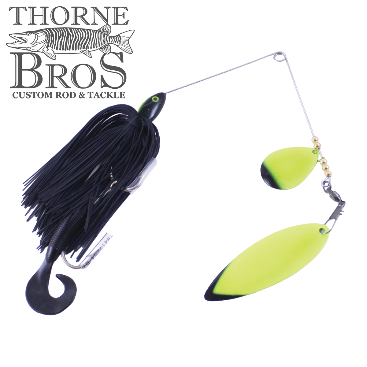 Ace Baits Big Ace Spinnerbait fishing lure with a black skirt and chartreuse double blades designed for musky fishing and heavy cover presentations