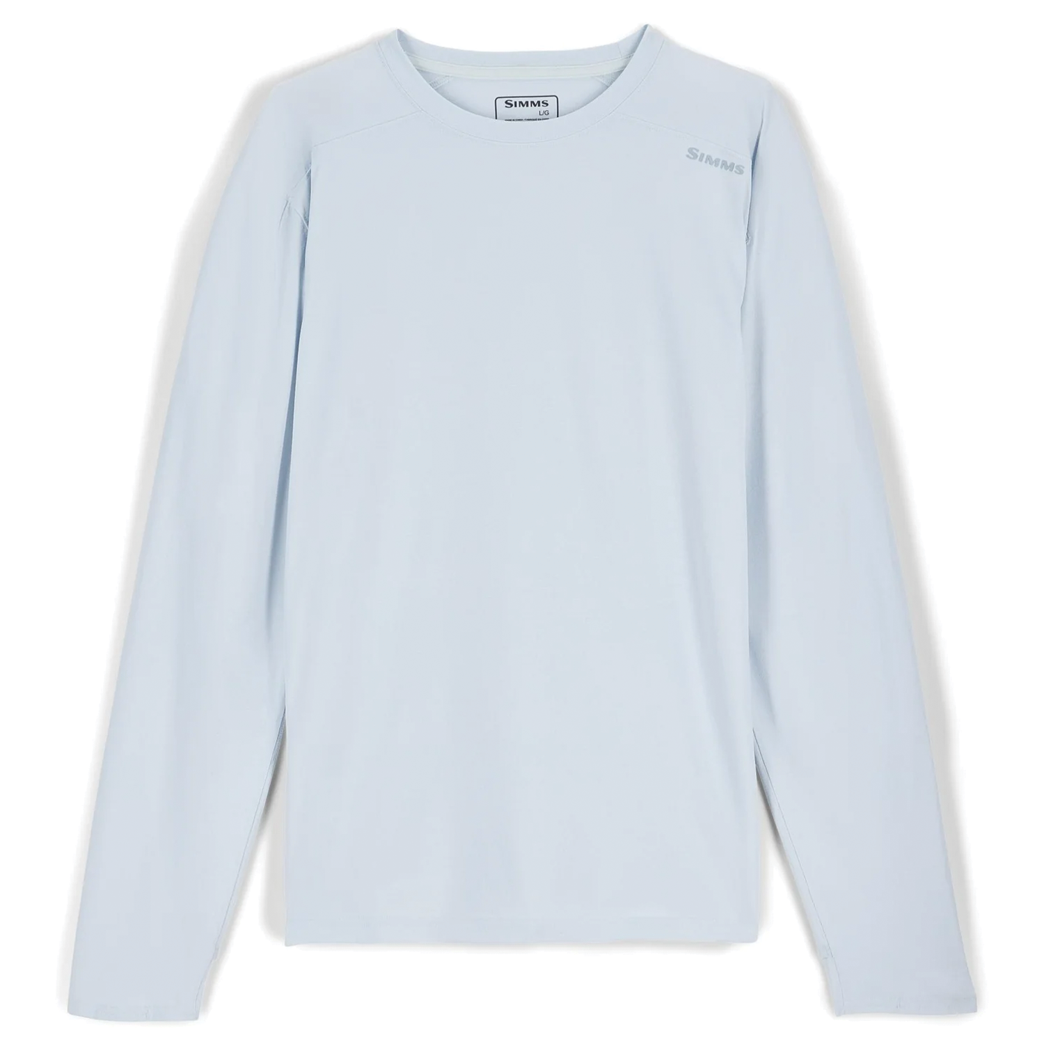 Simms SolarFlex Crewneck Shirt - Men's (New 2026) in light blue, long-sleeve, lightweight performance fabric designed for sun protection and comfort during fishing activities.