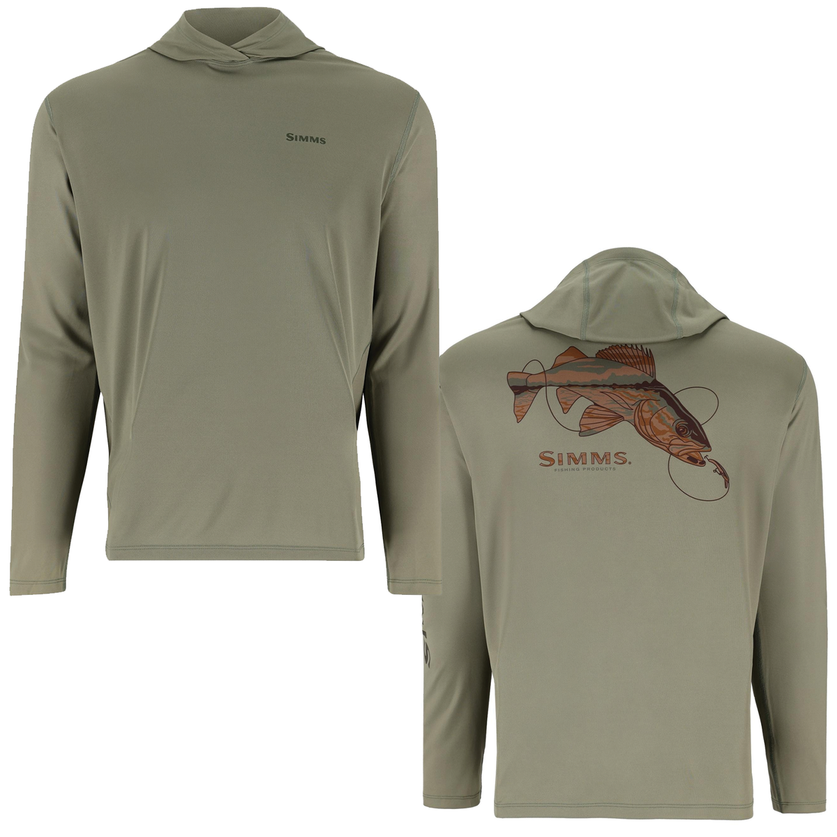 Simms Men's Tech Hoody - Artist Series shown from front and back in olive green with a hood and detailed fish artwork across the back