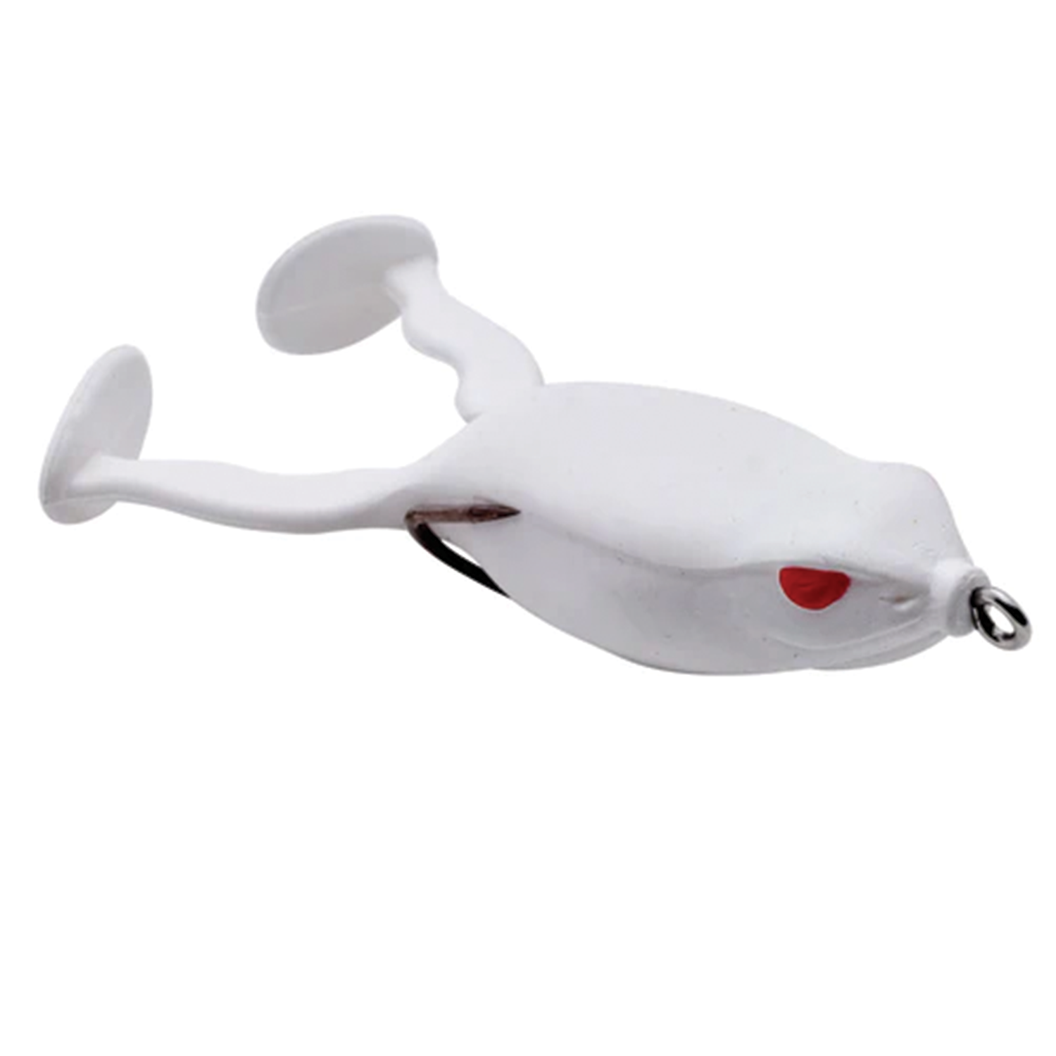Spro Flappin Frog-65 fishing lure in white with red eyes, featuring a soft two-legged body and paddle feet designed to mimic frog movement for effective fishing tackle use.