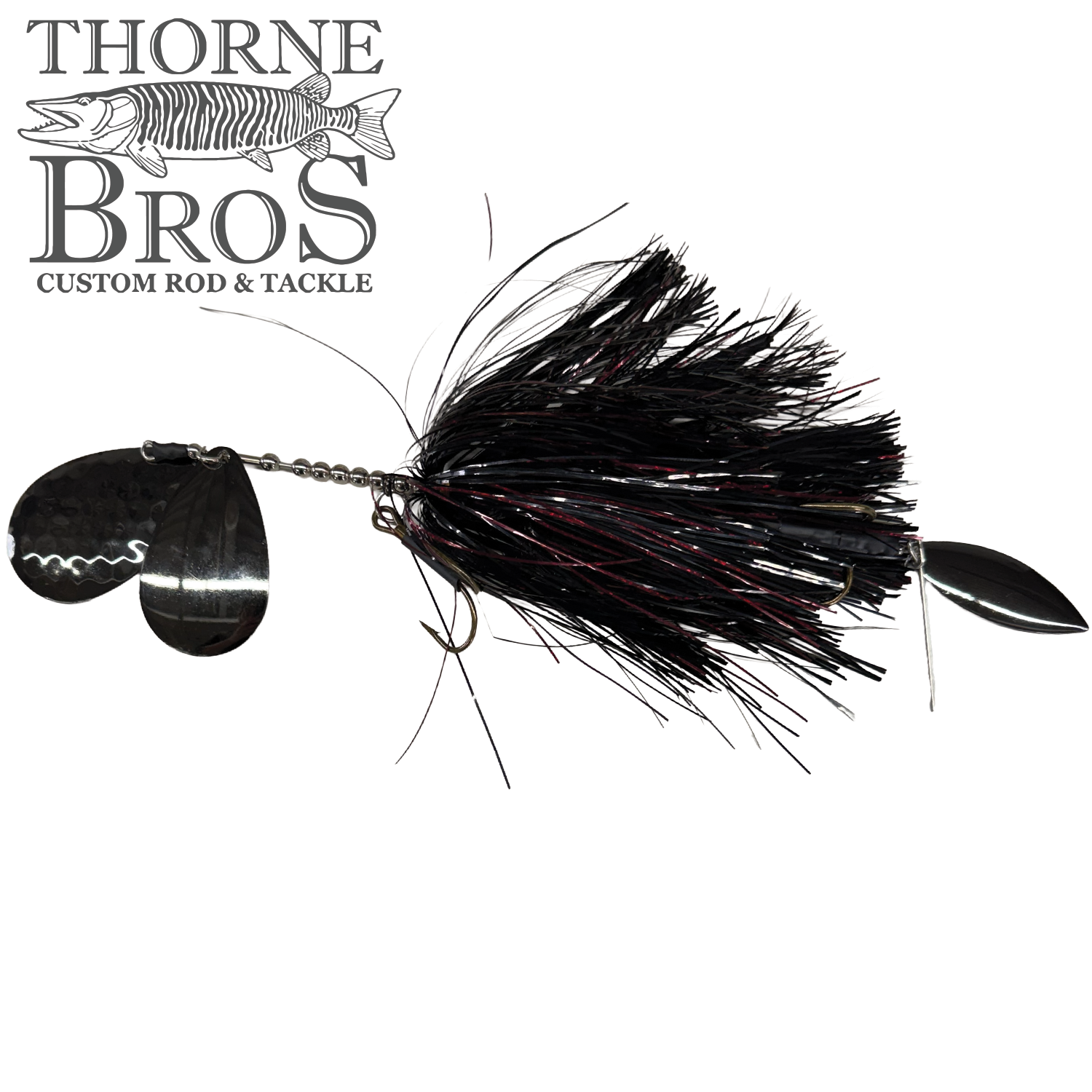 Hunsy Tails 9/10 Banger fishing lure features black and red synthetic fibers with two hammered silver spinner blades designed for musky fishing.