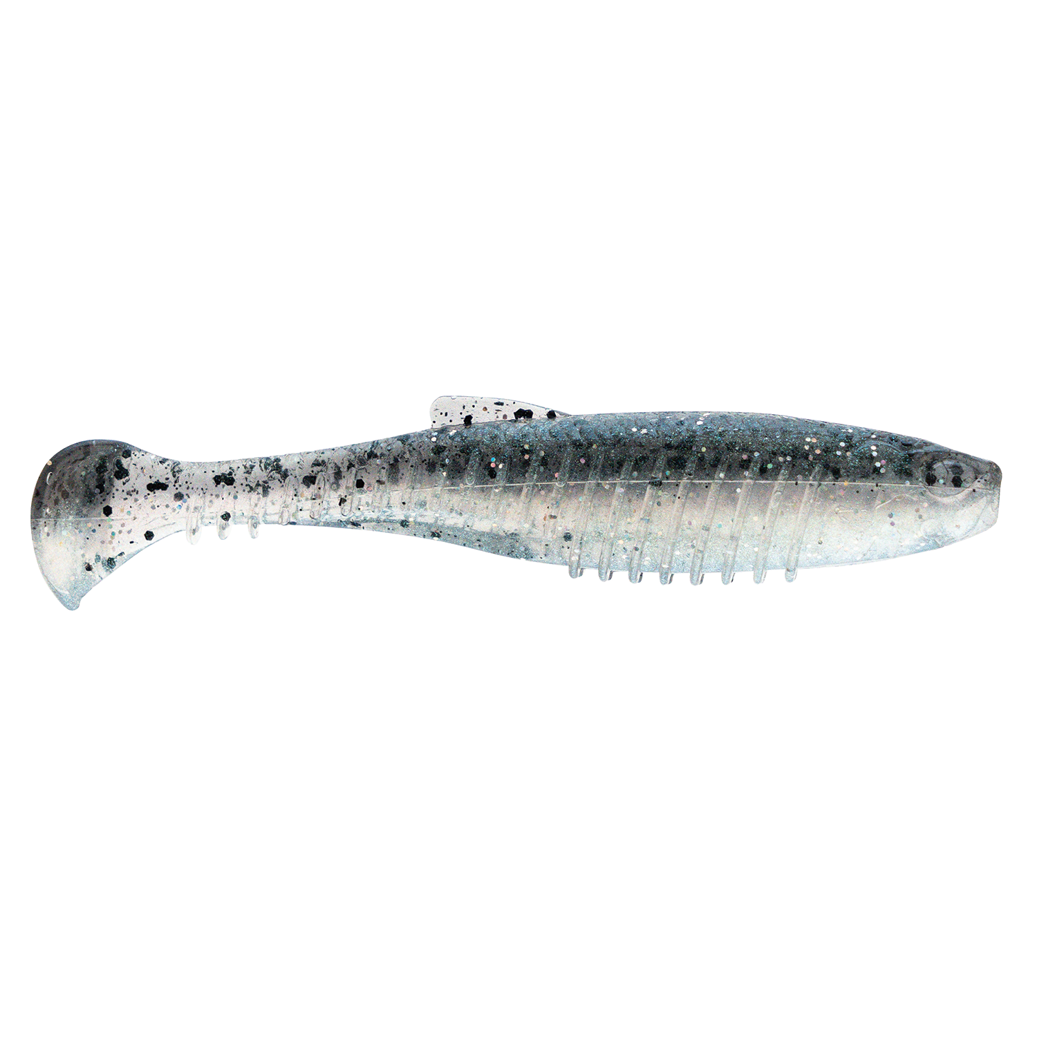 Soft plastic fishing lure in blue-gray with black speckles and paddle tail, designed for freshwater or saltwater fishing, Z-Man Octane Minnowz.