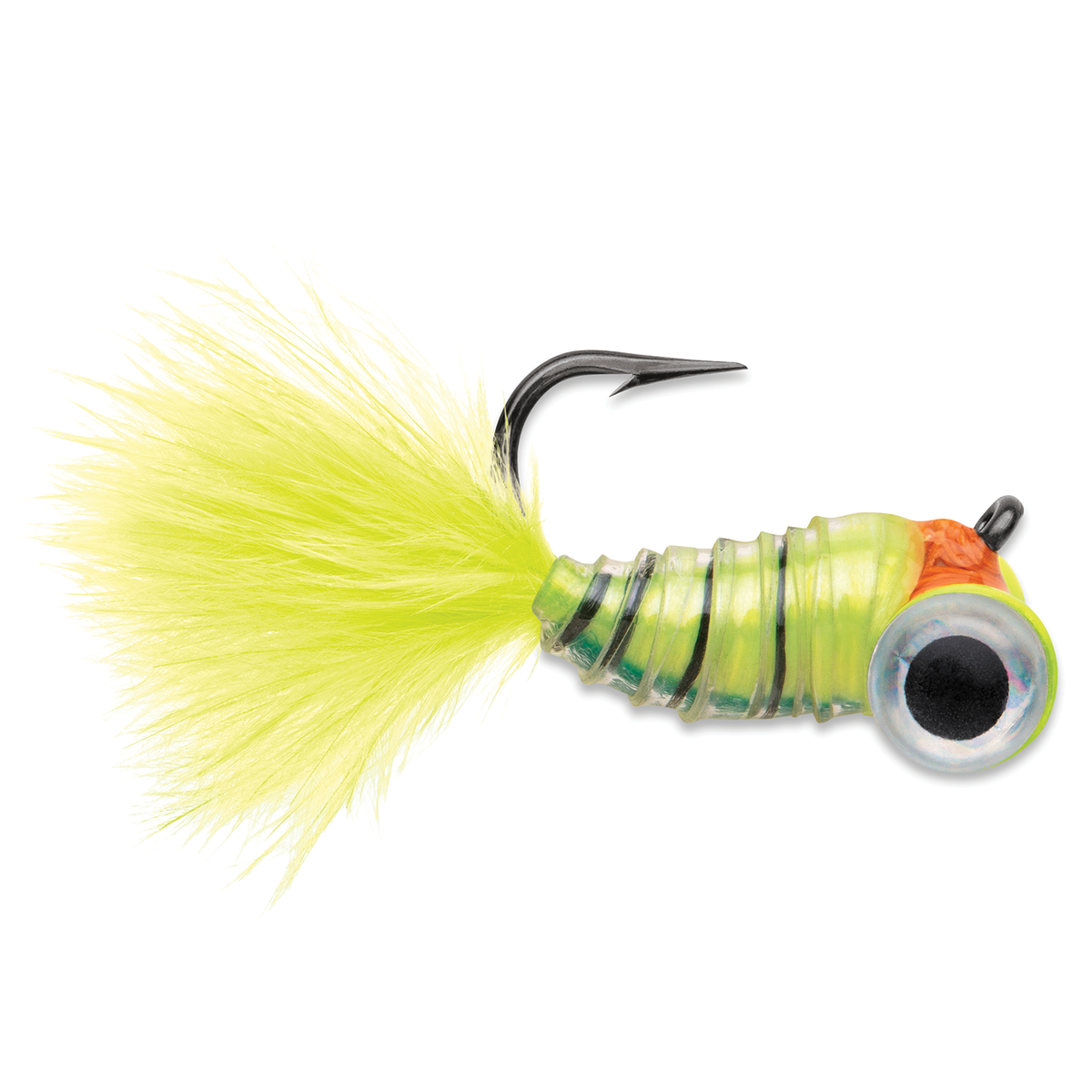 VMC Tungsten Gym Jig chartreuse fishing jig with a bright feather tail curved hook and oversized painted eye for freshwater angling