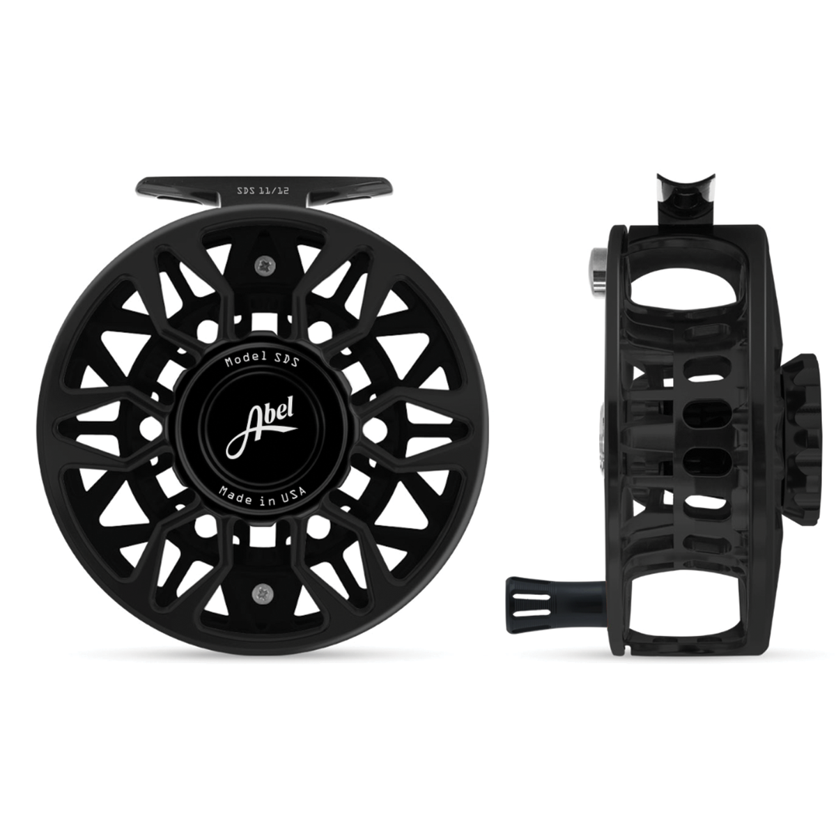Abel SDS Ported Reel in black shown from front and side with an open ported spool and durable frame for fly fishing tackle