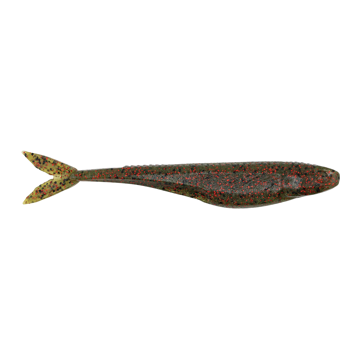 Z-Man Stuntman soft plastic fishing lure in green with red flecks and a forked tail designed for freshwater fishing tackle.
