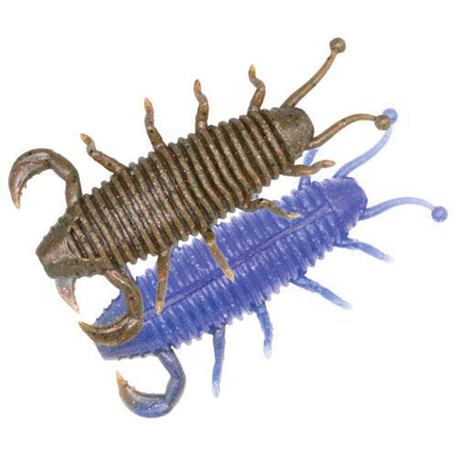 Two segmented soft plastic fishing lures with multiple legs and antennae in brown and blue colors designed to imitate marine creatures, Geecrack Bugpee Creature Bait.