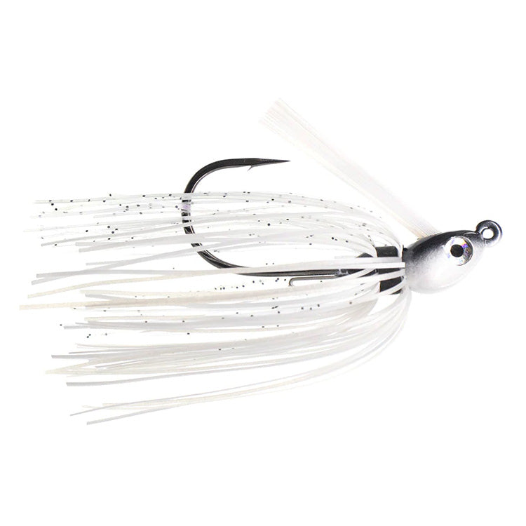 Dirty Jigs Compact Swim Jig featuring a white skirt with black speckles, a silver weighted head, and a sharp black hook, designed for effective fishing tackle use.