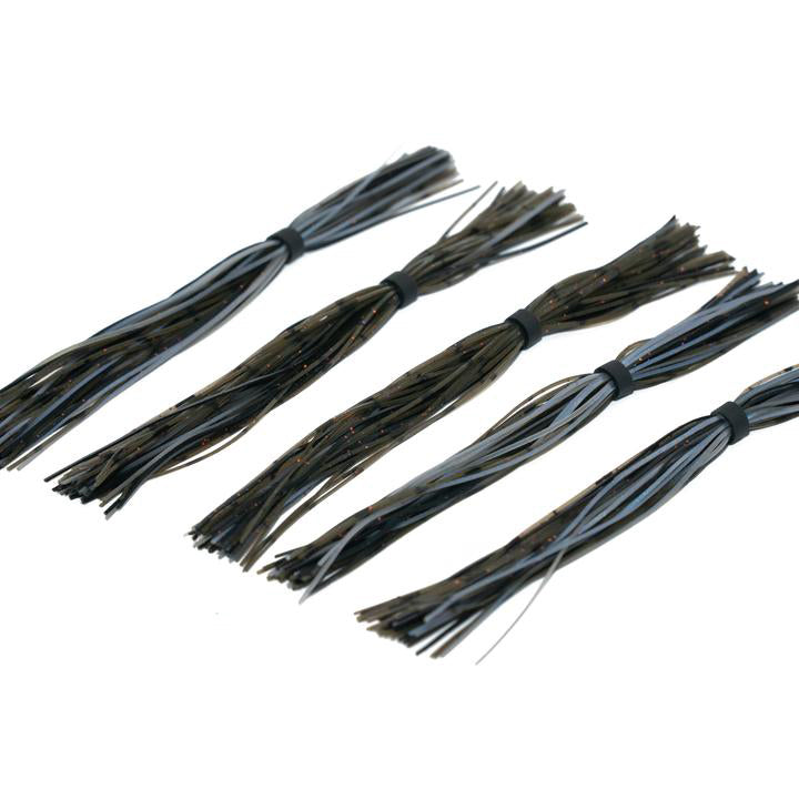 Five bundles of dark green and black 6th Sense Silicone Skirt fishing lure skirts laid out evenly on a white background for fishing tackle use.