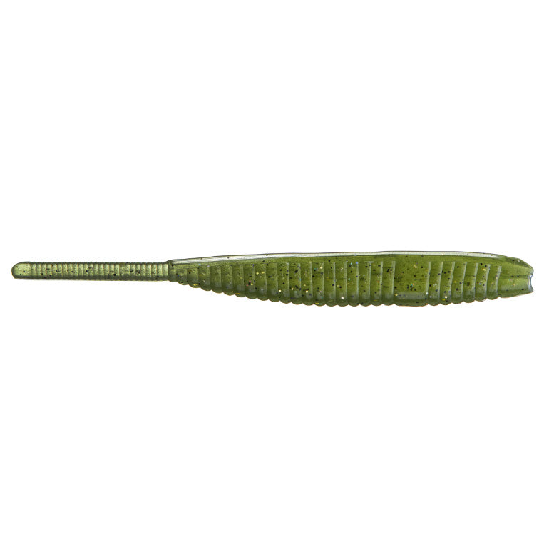 Green soft plastic fishing lure with ribbed body and tapered tail, designed as the Yamamoto 5" Shad Shape Floater for use in fishing tackle and lures.