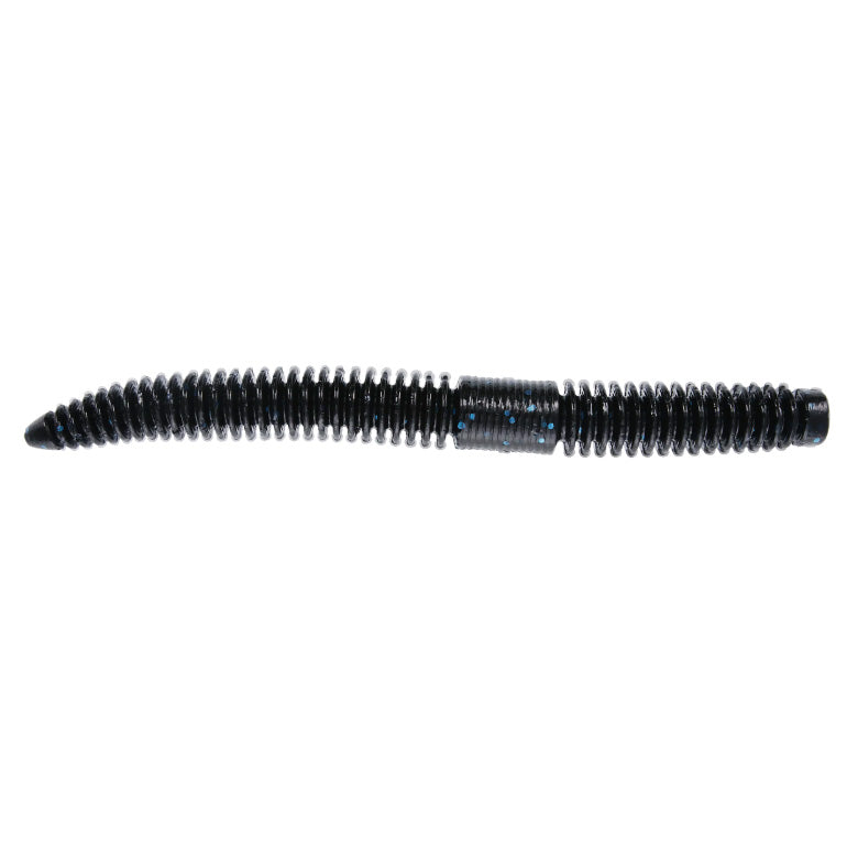 Yamamoto 5.5" Slink-O Floater Worm fishing lure in black with blue specks, featuring segmented ribbed body designed for lifelike movement in water.