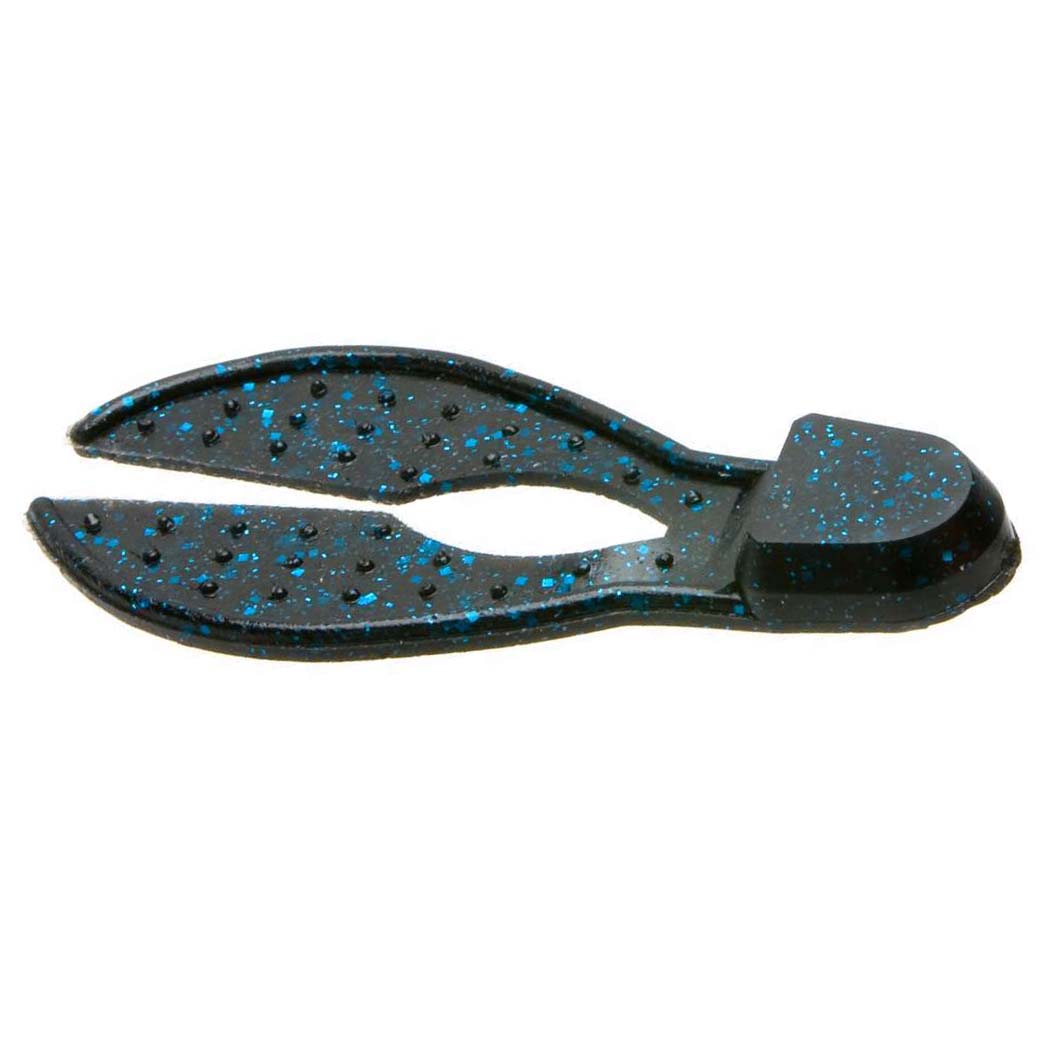 Zoom Super Chunk soft plastic fishing lure in black with blue speckles, designed for musky fishing with two flexible claw-like appendages.