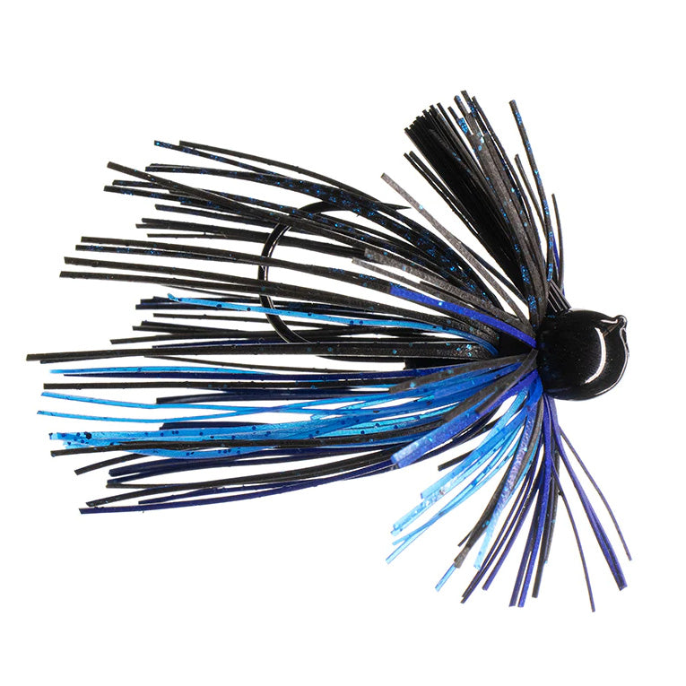 Dirty Jigs Luke Clausen Finesse Jig fishing lure featuring a black and blue skirt with a weighted compact head designed for freshwater fishing tackle.
