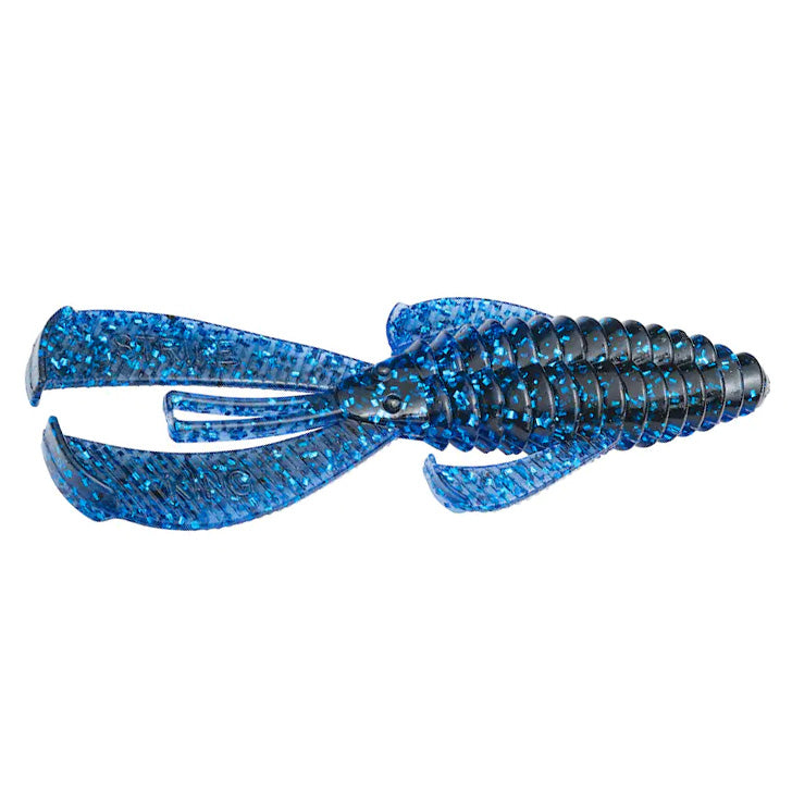 Blue and black soft plastic fishing lure resembling a crawfish with two large pincers, textured body, and glitter accents, known as the Strike King Rage Bug for fishing tackle.
