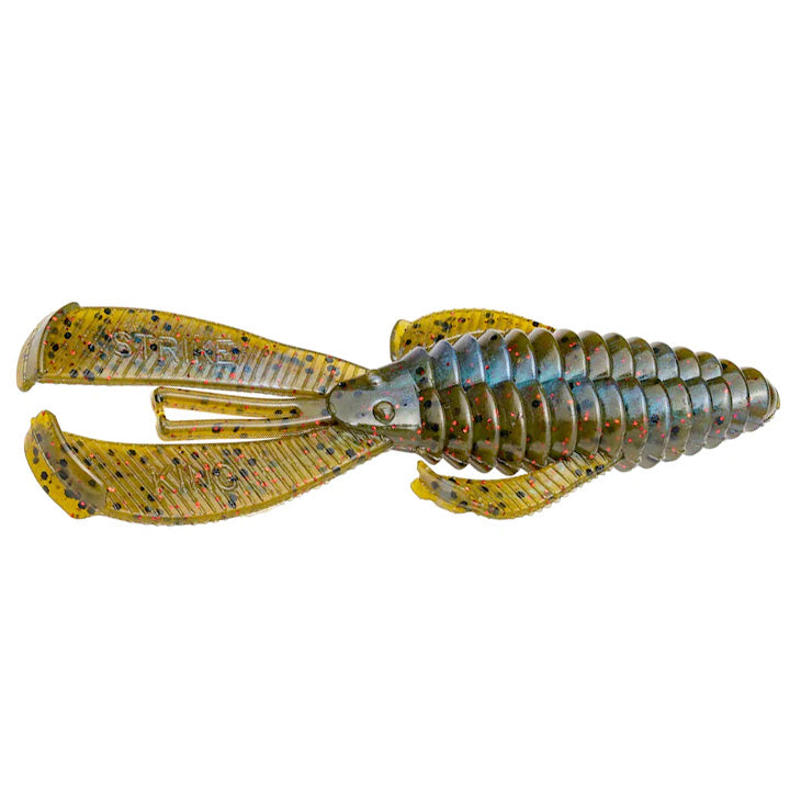 Soft plastic fishing lure with segmented ribbed body, two large paddle-like claws, and speckled red flakes in greenish-yellow tones, identified as Strike King Rage Bug.