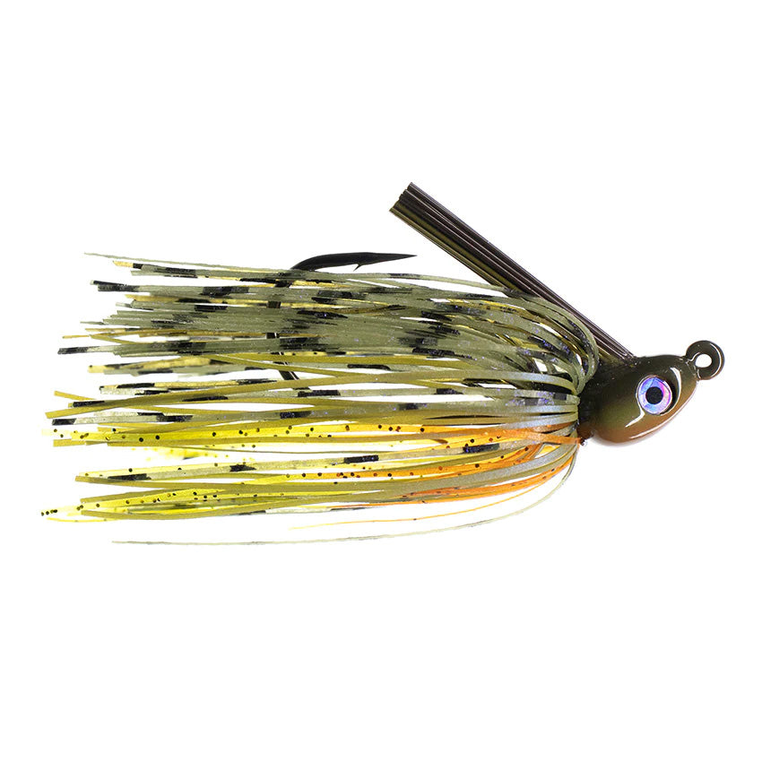 Dirty Jigs Compact Swim Jig fishing lure with a detailed skirt in shades of green, yellow, and orange with black speckles, designed for fishing tackle use.