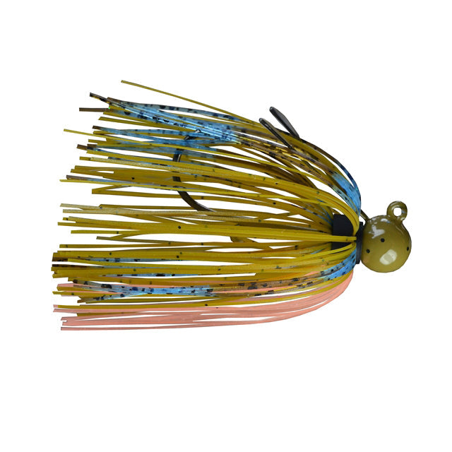 Picasso Lures Tungsten Little Spotty Finesse Jig in yellow, blue, and orange hues with a weighted head and multiple flexible skirt strands designed for fishing tackle.