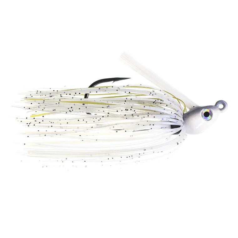 Dirty Jigs Compact Swim Jig fishing lure featuring a white skirt with black specks, a realistic eye on the jig head, and a single sharp hook designed for effective fishing tackle use.