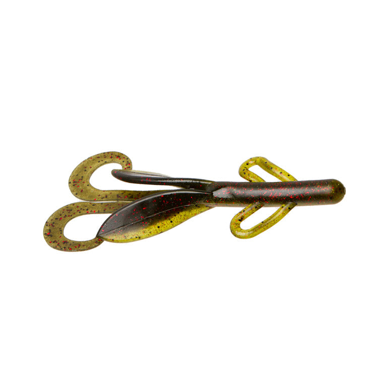 Zoom Brush Hog soft plastic fishing lure in green and brown with red speckles, featuring multiple curly tails designed for freshwater fishing tackle.