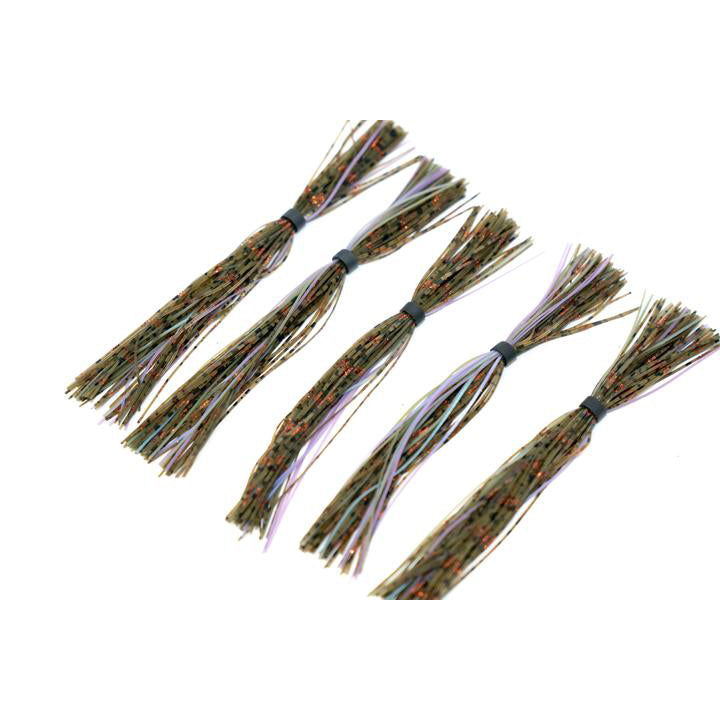 Five camo and iridescent strands of 6th Sense Silicone Skirt fishing lures bundled and spread out on a white background for fishing tackle use.