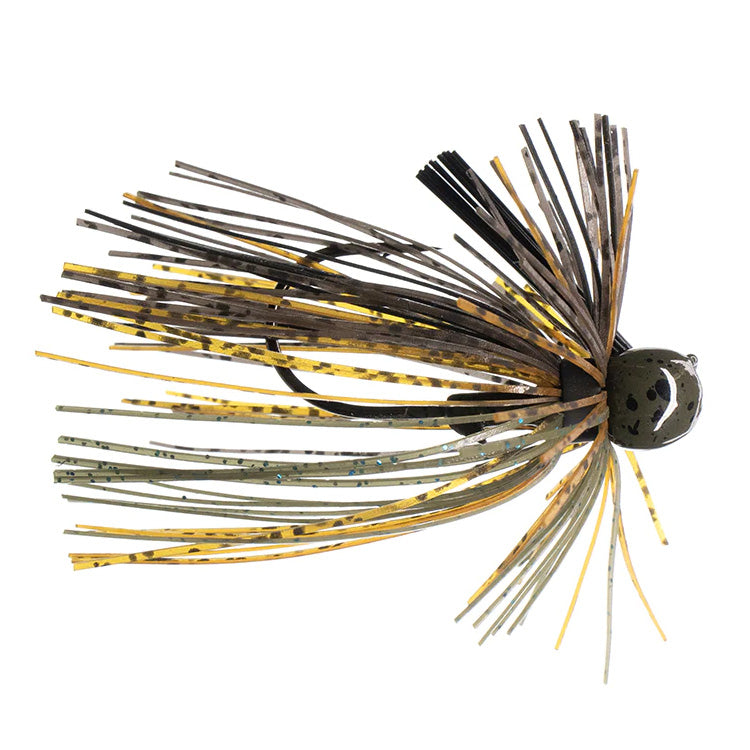 Dirty Jigs Luke Clausen Finesse Jig with a camo-patterned head and multicolored rubber skirt strands in black, yellow, and green, designed for fishing tackle use.