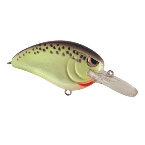 SPRO Little John MD 50 Crankbait fishing lure with a greenish body, black spots, detailed eye, and clear angled diving lip designed for fishing tackle use.