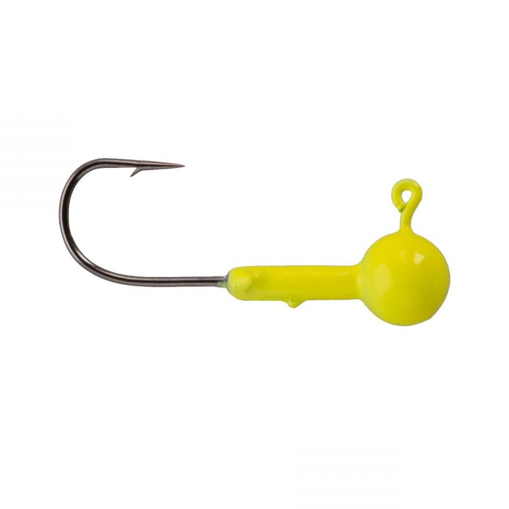 Single yellow Crappie Magnet Double Cross Jig Head with a sharp metal hook and round weighted head designed for fishing tackle applications.