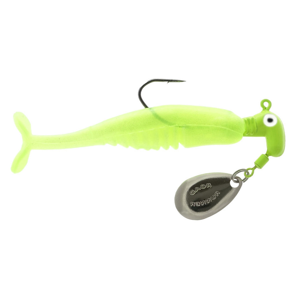 Blakemore Road Runner Crappie X-Tractor fishing lure in bright chartreuse with a soft plastic body, paddle tail, single hook, and attached silver spinner blade for added attraction.
