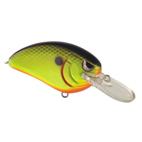 SPRO Little John MD 50 Crankbait in green and yellow with a black back, featuring a clear diving lip and detailed fish eye, designed for fishing tackle enthusiasts.