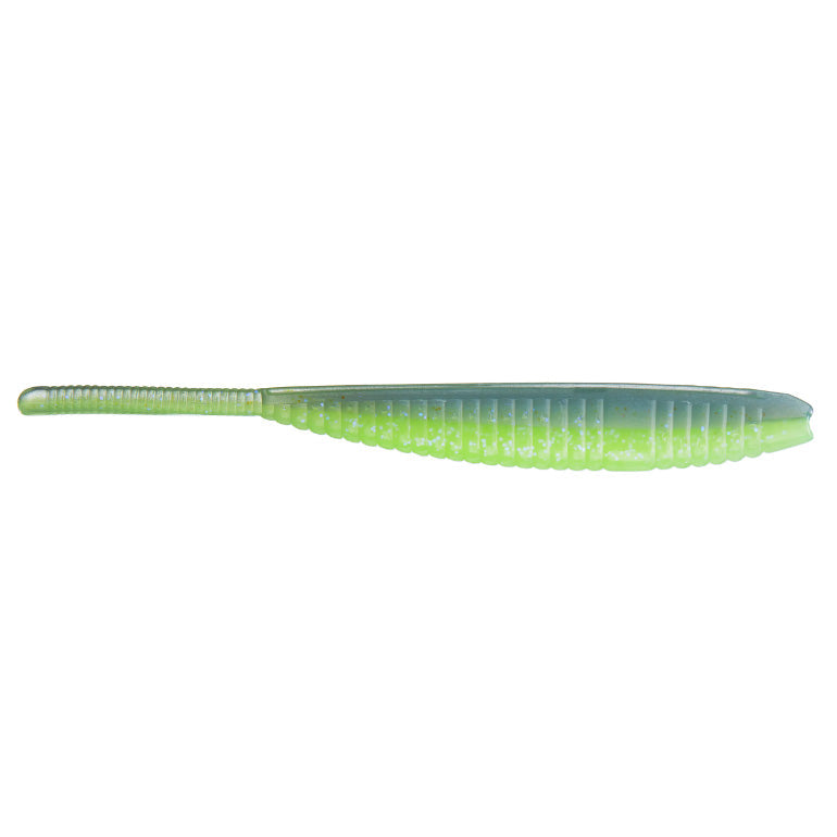 Yamamoto 5" Shad Shape Floater fishing lure in translucent green and blue with ribbed texture and tapered tail, designed for effective fishing tackle use.