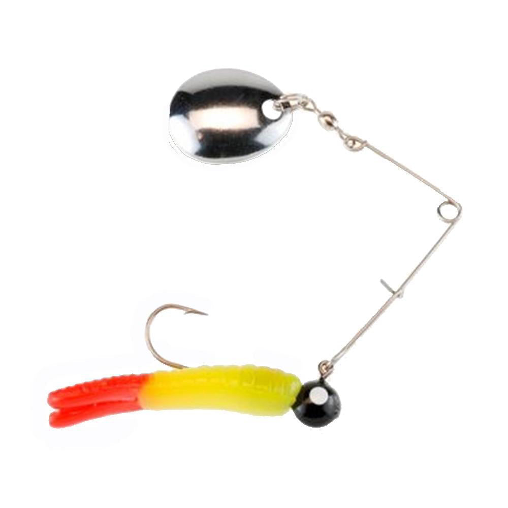 Johnson Fishing Lures Beetle Spin Jig featuring a silver spinner blade, a black weighted head with a red and yellow soft plastic tail, designed for fishing tackle and lure applications.
