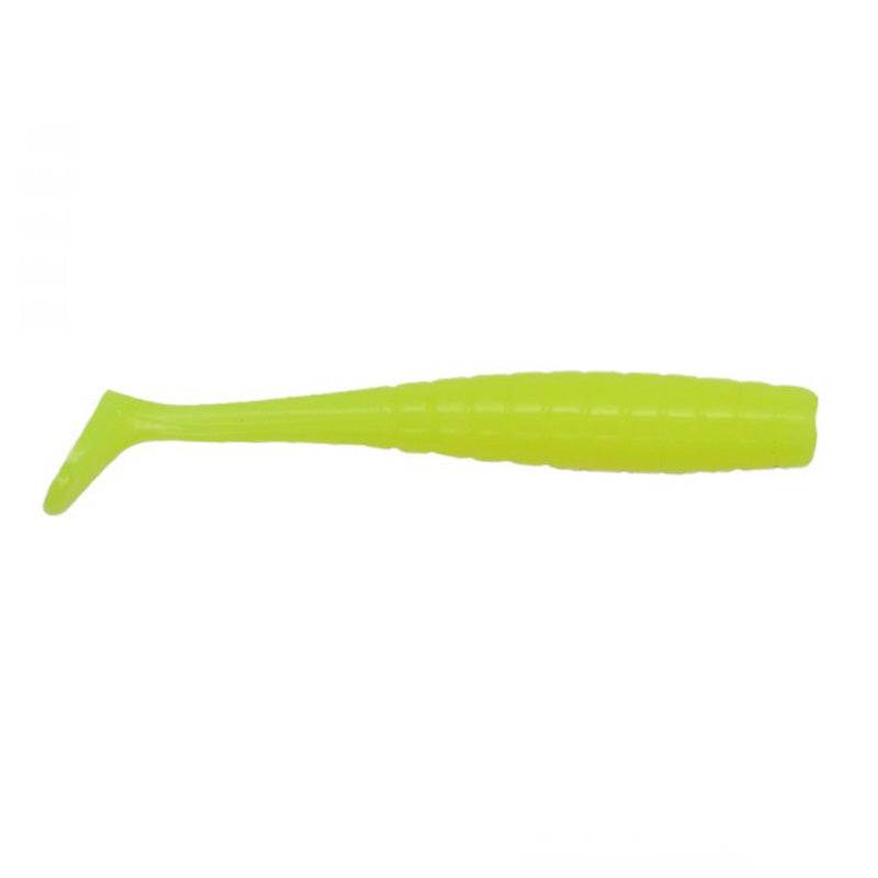 Crappie Magnet Tiny Dancer fishing lure in bright chartreuse green with a ribbed body and paddle tail designed for attracting crappie in freshwater fishing.