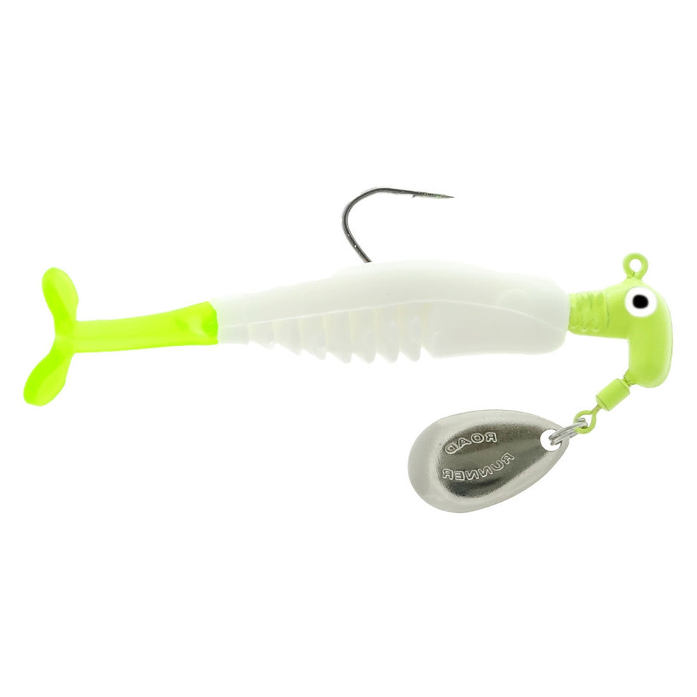Blakemore Road Runner Crappie X-Tractor fishing lure in white and chartreuse with a soft segmented body, single hook, and attached silver spinner blade for attracting crappie.