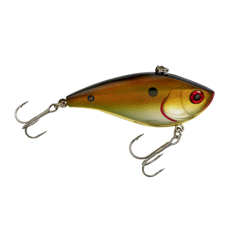 Booyah One Knocker Lipless Crankbait in copper shiner color with realistic fish scale pattern and red eyes, featuring two sharp treble hooks for fishing tackle use.
