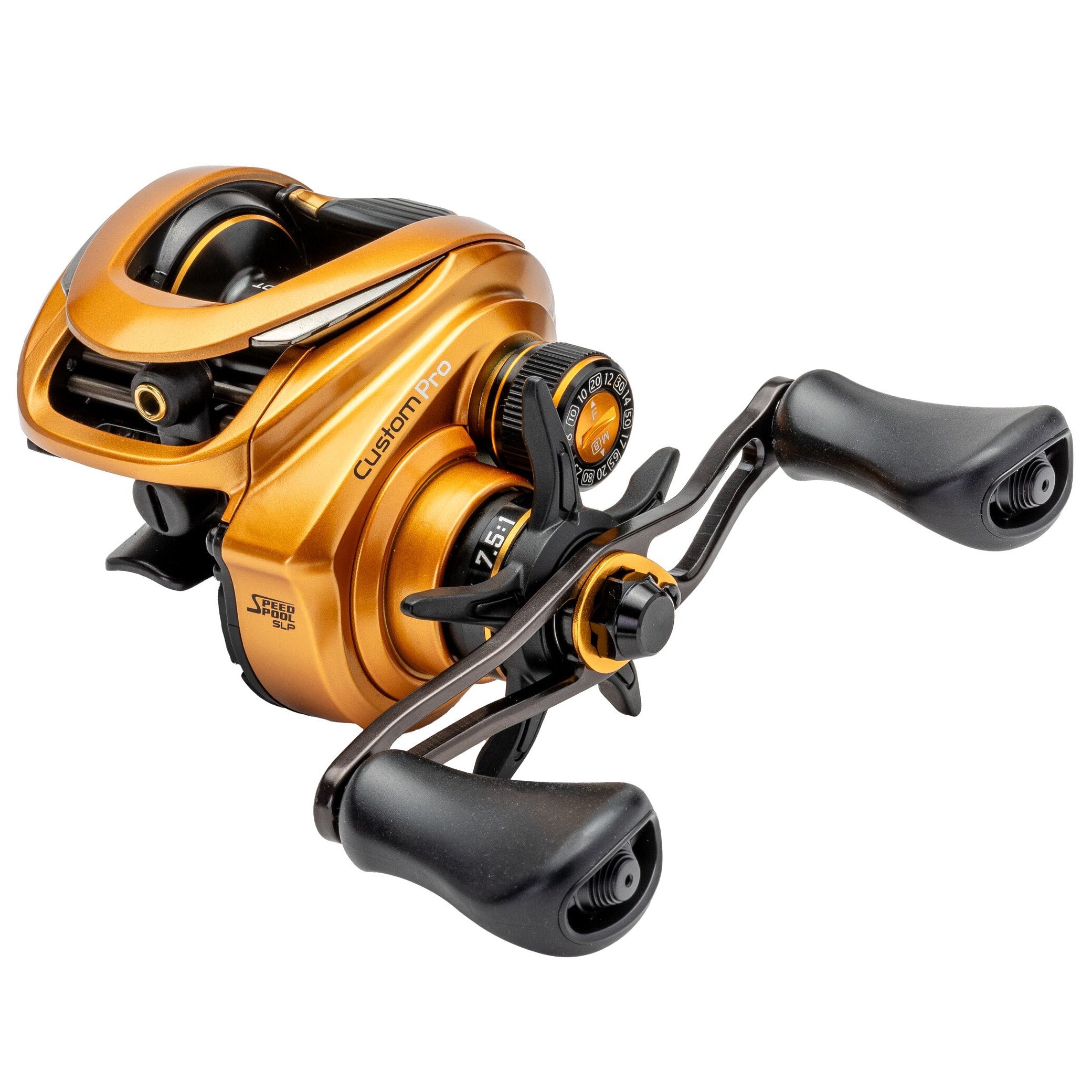 Close-up of a gold Lew's Custom Pro Casting Reel featuring dual black ergonomic handles, a tuning dial, and a compact fishing reel body designed for precision casting.